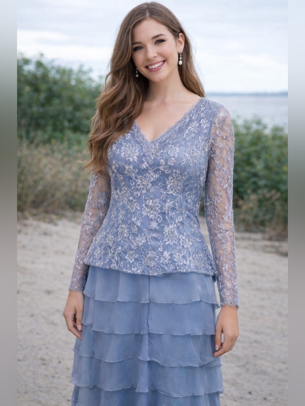 NEW Formal Lace Dress with semi sheer long sleeves and bodice floral embroidery - Picture 1 of 8